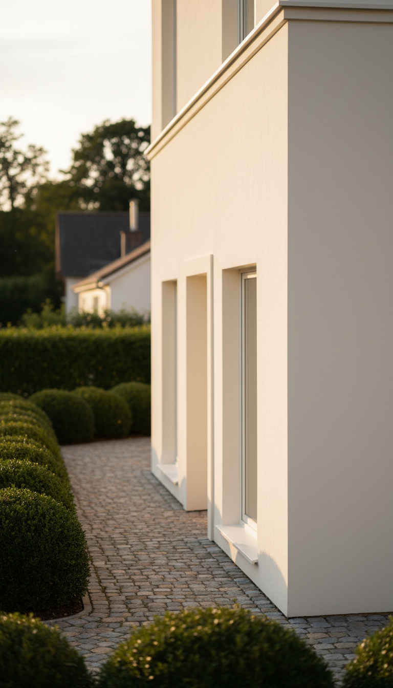 A freshly painted, smoothly textured building facade in a subtle off-white shade with crisp, perfectly defined edges, surrounded by neatly maintained shrubbery and a cobblestone walkway. The scene is bathed in warm, late afternoon sunlight, casting gentle shadows that emphasize the clean lines and professional finish of the paintwork. Shot from a slightly elevated angle to showcase the facade’s modern simplicity and uniformity, the overall composition is balanced and inviting. The background is softly blurred to keep the focus on the building's newly finished surface. The mood is calm and trustworthy, capturing the essence of meticulous, skilled craftsmanship in a clean, professional, and realistic style.