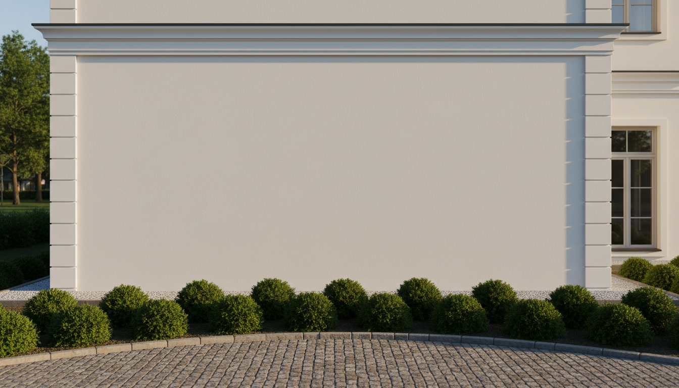 A freshly painted, smoothly textured building facade in a subtle off-white shade with crisp, perfectly defined edges, surrounded by neatly maintained shrubbery and a cobblestone walkway. The scene is bathed in warm, late afternoon sunlight, casting gentle shadows that emphasize the clean lines and professional finish of the paintwork. Shot from a slightly elevated angle to showcase the facade’s modern simplicity and uniformity, the overall composition is balanced and inviting. The background is softly blurred to keep the focus on the building's newly finished surface. The mood is calm and trustworthy, capturing the essence of meticulous, skilled craftsmanship in a clean, professional, and realistic style.