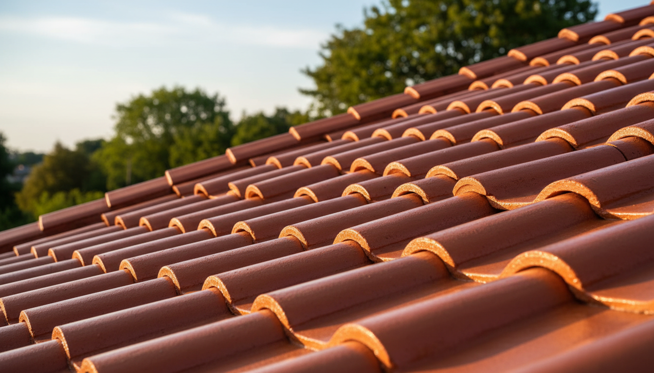Close-up view of a red clay tile roof section, meticulously cleaned and freshly treated, with tiles showing rich, vibrant colors and a subtle protective sheen. Moss and dirt have been expertly removed, emphasizing the roof’s well-maintained texture. The background features hints of leafy green treetops and a clear sky, softly out of focus. Golden hour sunlight creates gentle highlights across the tile ridges and casts soft, reassuring shadows. Captured from a low, diagonal angle to enhance depth and surface detail, the mood feels reassuring and well-cared-for. The composition is clean and modern, reflecting quality roofing maintenance and protection services in a realistic, professional manner.