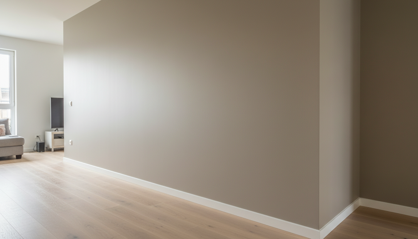 An immaculately painted living room interior wall, finished in a contemporary matte taupe, with smooth, flawless texture and pristine, sharp corners. The wall is bordered by elegantly simple white baseboards and adjacent to a minimalist light wood floor. Natural daylight filters softly in from a nearby window, illuminating the subtle paint tone and creating delicate gradients of light and shadow. Captured at eye level with a wide-angle composition, the surrounding space is tidy and uncluttered, accentuating the wall's professional finish. The mood is serene and welcoming, with a clean, modern aesthetic that highlights interior painting excellence.