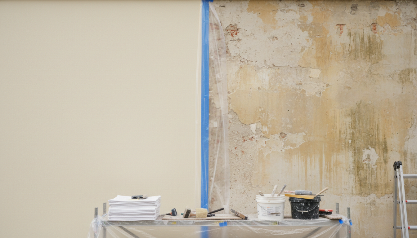 A weathered stucco exterior facade in the middle of a dramatic transformation, half restored to a smooth, bright ivory surface next to the original worn and faded section. The work zone is bordered by tidy plastic sheeting and painter’s tape, with restoration tools neatly arranged at the base. Ambient daylight under an overcast sky softly diffuses the scene, reducing harsh contrasts and bringing out the nuance between the renewed and old surfaces. The image is shot from a straight-on angle for clear before-and-after comparison, showcasing attention to detail and professionalism. The mood is optimistic and dynamic, reinforcing the business’s expertise in facade renovation through realistic, documentary-style imagery.