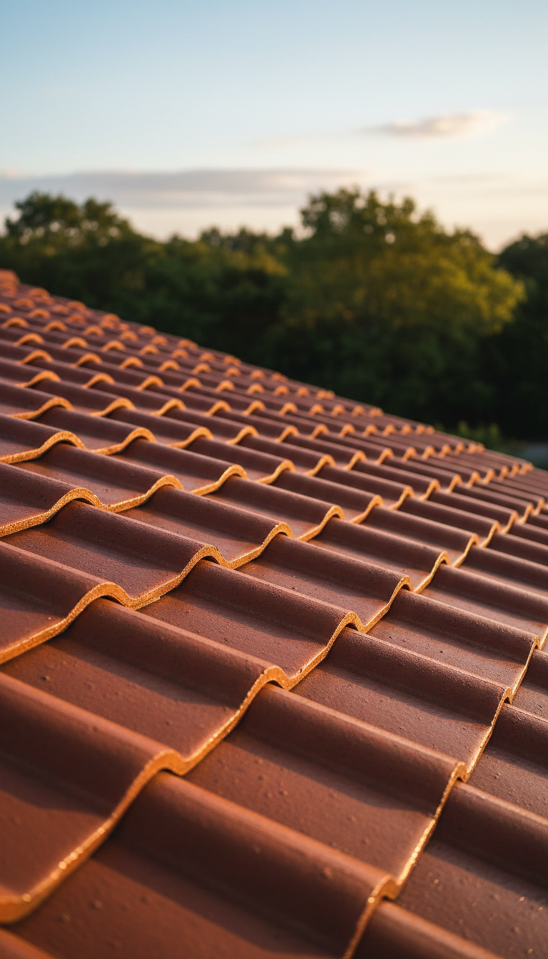 Close-up view of a red clay tile roof section, meticulously cleaned and freshly treated, with tiles showing rich, vibrant colors and a subtle protective sheen. Moss and dirt have been expertly removed, emphasizing the roof’s well-maintained texture. The background features hints of leafy green treetops and a clear sky, softly out of focus. Golden hour sunlight creates gentle highlights across the tile ridges and casts soft, reassuring shadows. Captured from a low, diagonal angle to enhance depth and surface detail, the mood feels reassuring and well-cared-for. The composition is clean and modern, reflecting quality roofing maintenance and protection services in a realistic, professional manner.
